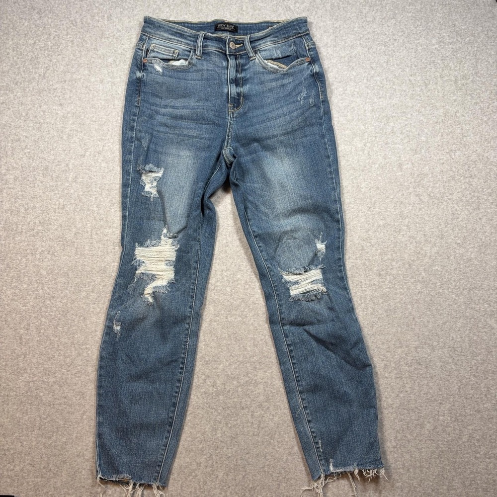Judy Blue Jeans Womens 5/27 Medium Wash Blue Relaxed Distressed Fringe JB82306MD